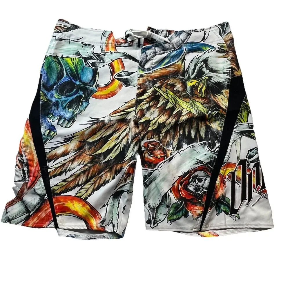 VTG O’Neill Board Shorts Mens 38 Super Freak Tattoo Skull AOP Surfer Y2K Grunge